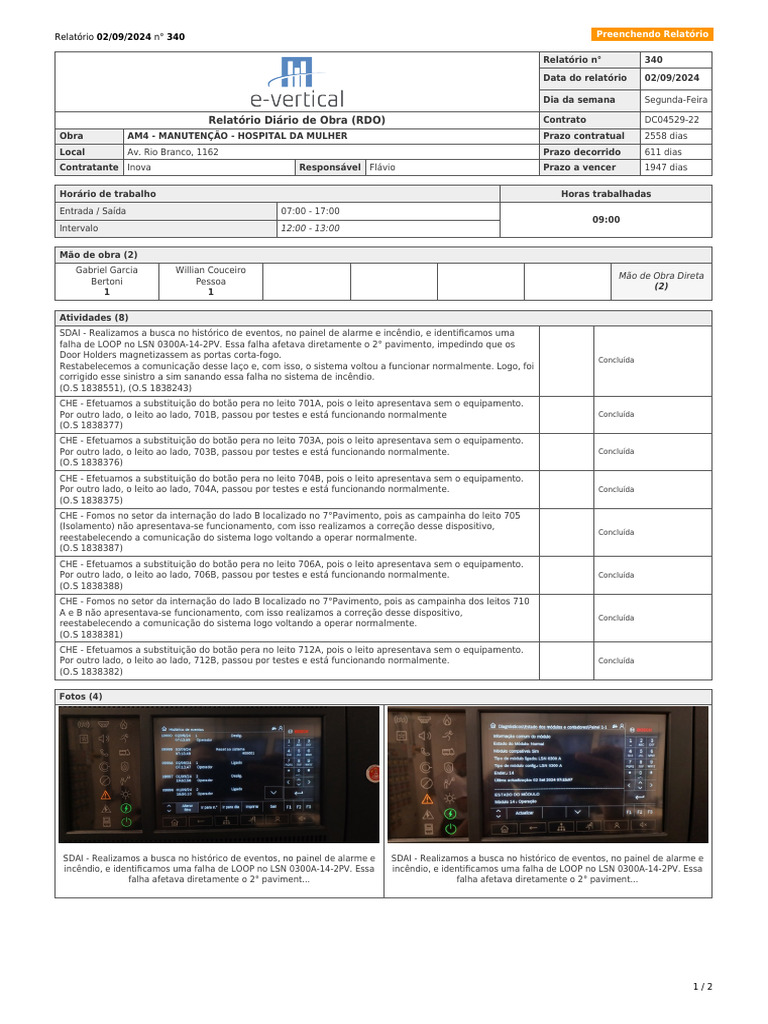 Relatório Diário de Obra (RDO) N° 340 - 02-09-2024 | PDF