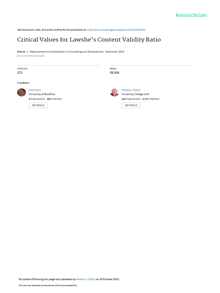 Critical Values For Lawshes Content Validity Rati | PDF
