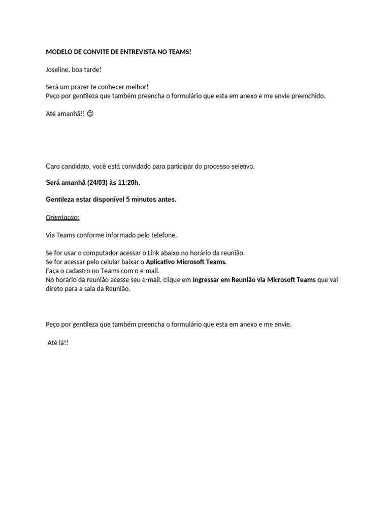 Modelo de convite de entrevista no teams pdf