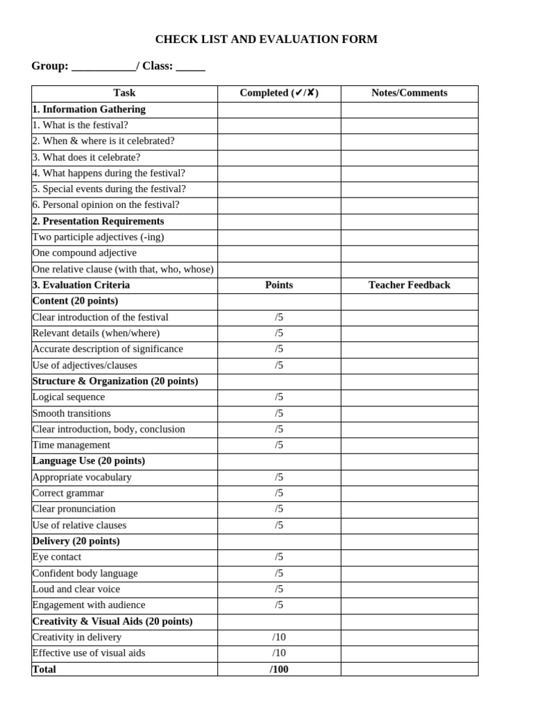 Check List and Evaluation Form | PDF | Adjective | Linguistics