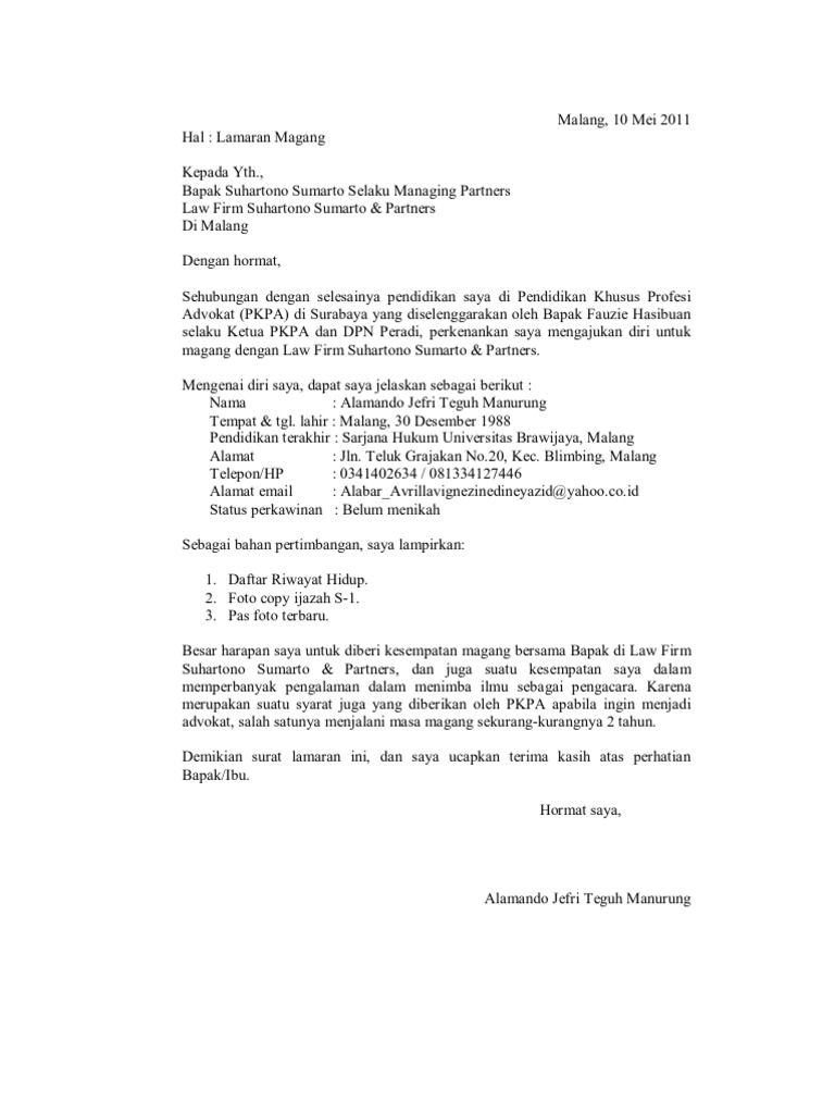 Surat Lamaran Magang Ke Lawfrm Gunadi