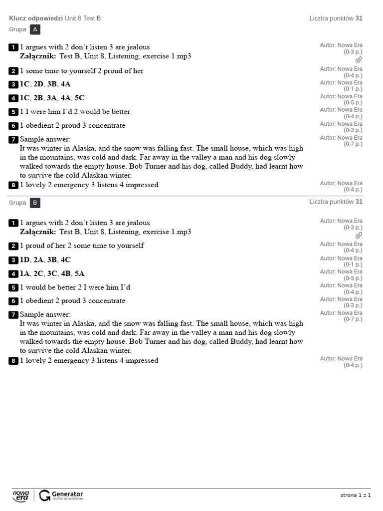 Unit 8 Test B Klucz Odpowiedzi | PDF