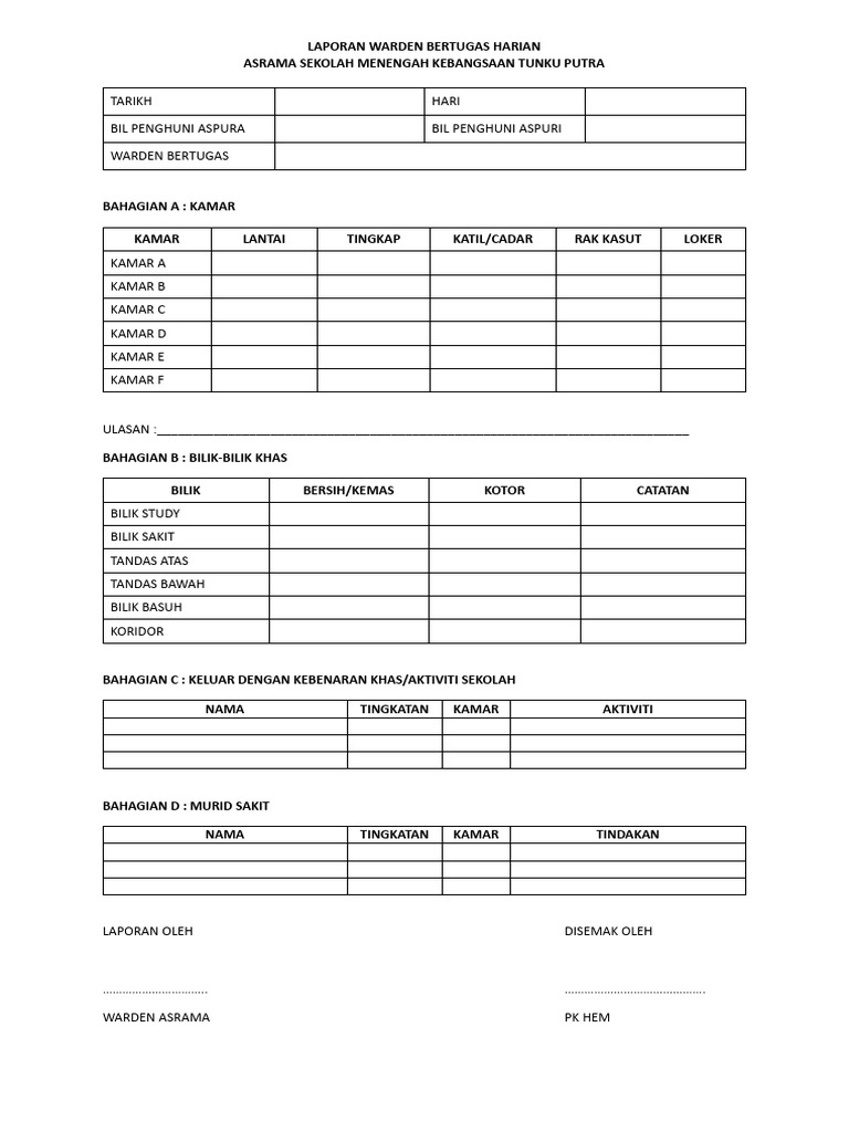 Laporan Warden Bertugas Harian Pdf