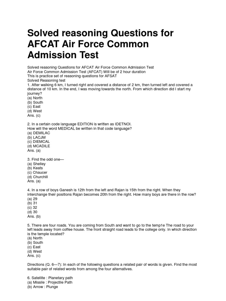AFCAT Solved Reasoning Questions Guide | PDF