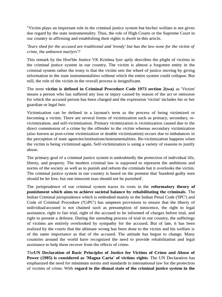 Role of Indian Judiciary in Protecting Victims Rights | PDF