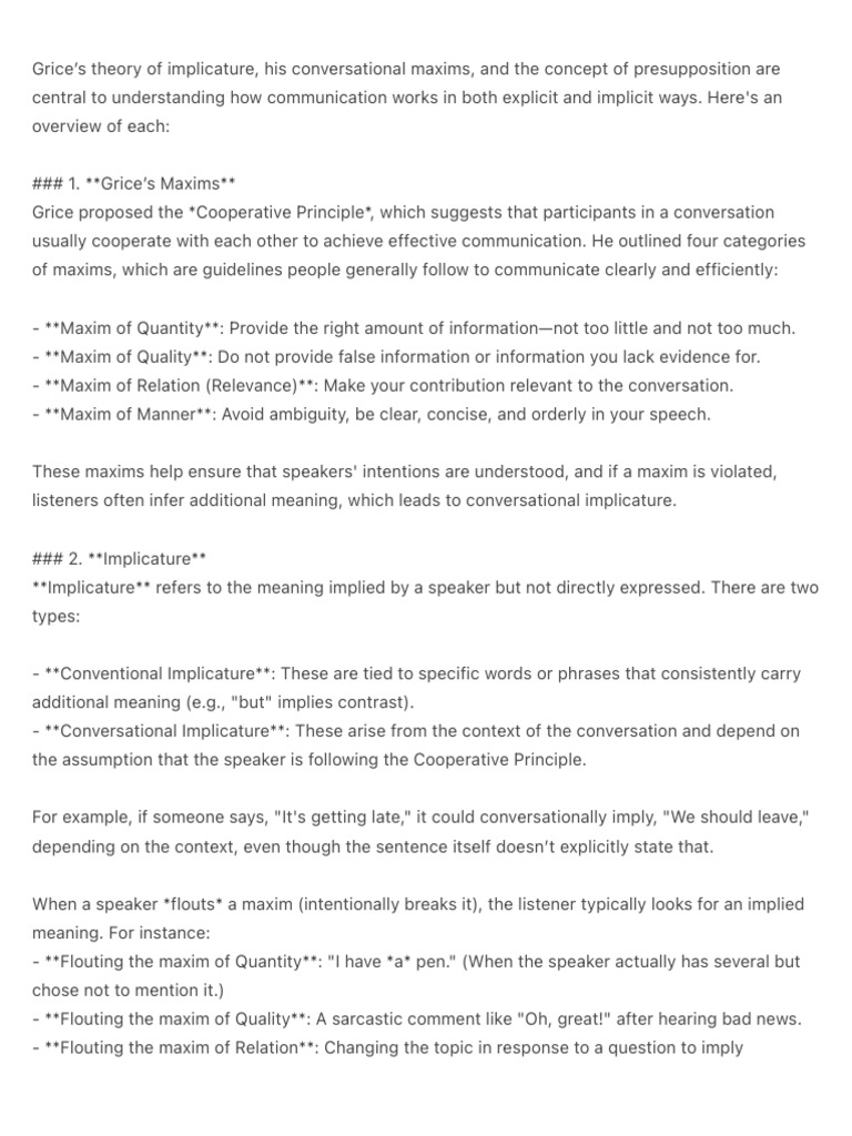 Grice's Theory of Implicature, His Conversational Maxims, and The | PDF