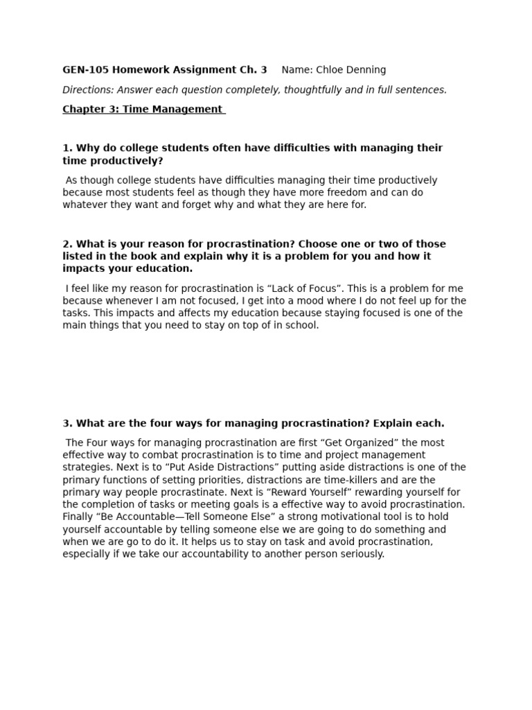 Chloe Denning - Gen 105 College Success Chapter 3 Worksheet | PDF