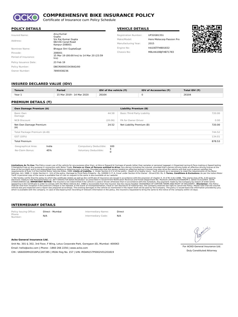Bike Insurance Policy 2019iij | PDF | Insurance | Finance & Money ...