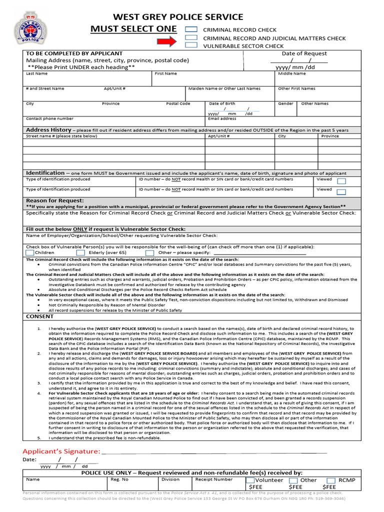 West Grey Police Record Check Form | PDF | Criminal Record | Politics