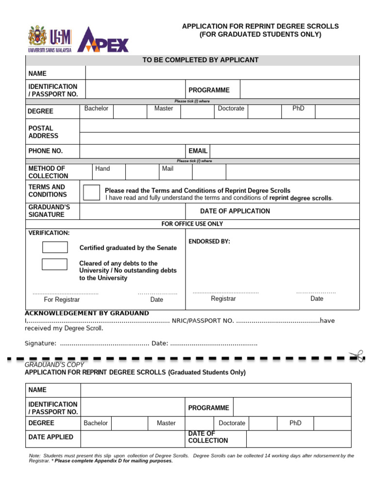Application Form For Reprint Degree Scrolls | PDF