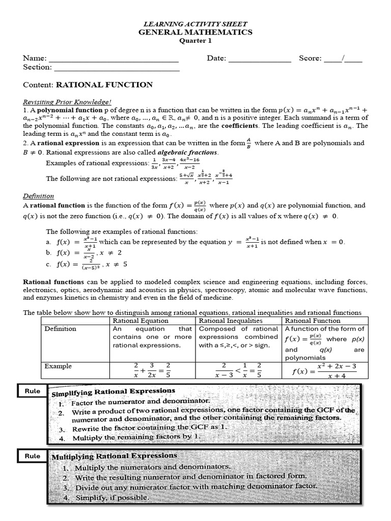 Learning Activity Sheet About Rational Function | PDF