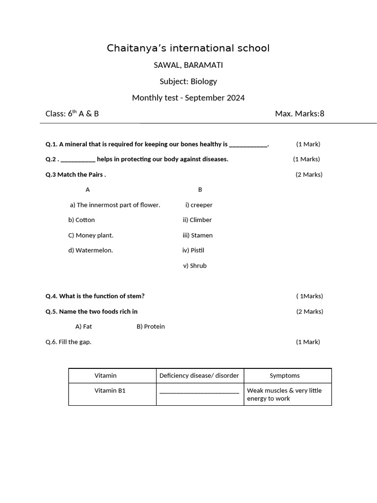 September 2024 Biology Test for 6th Grade | PDF