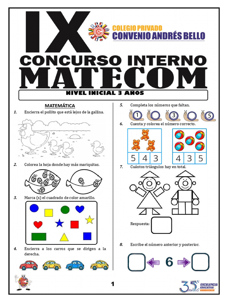 Examen Nivel Inicial 3 A Os Matecom Rev Pdf