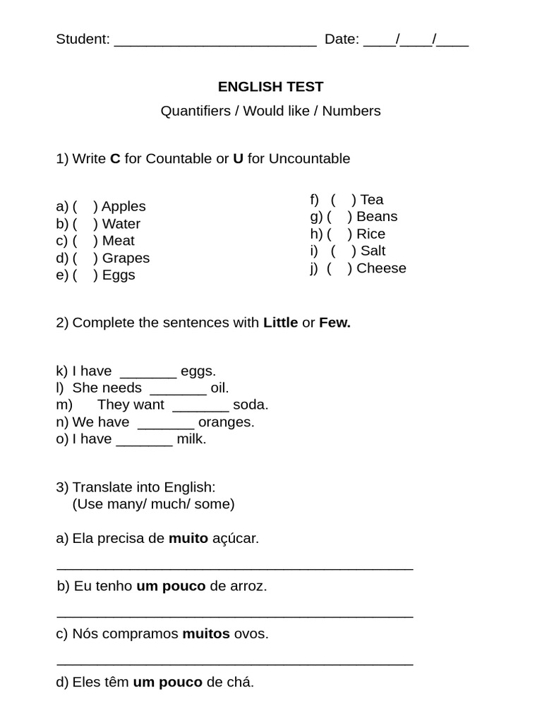 Test Quantifiers and Numbers | PDF | Cooking, Food & Wine