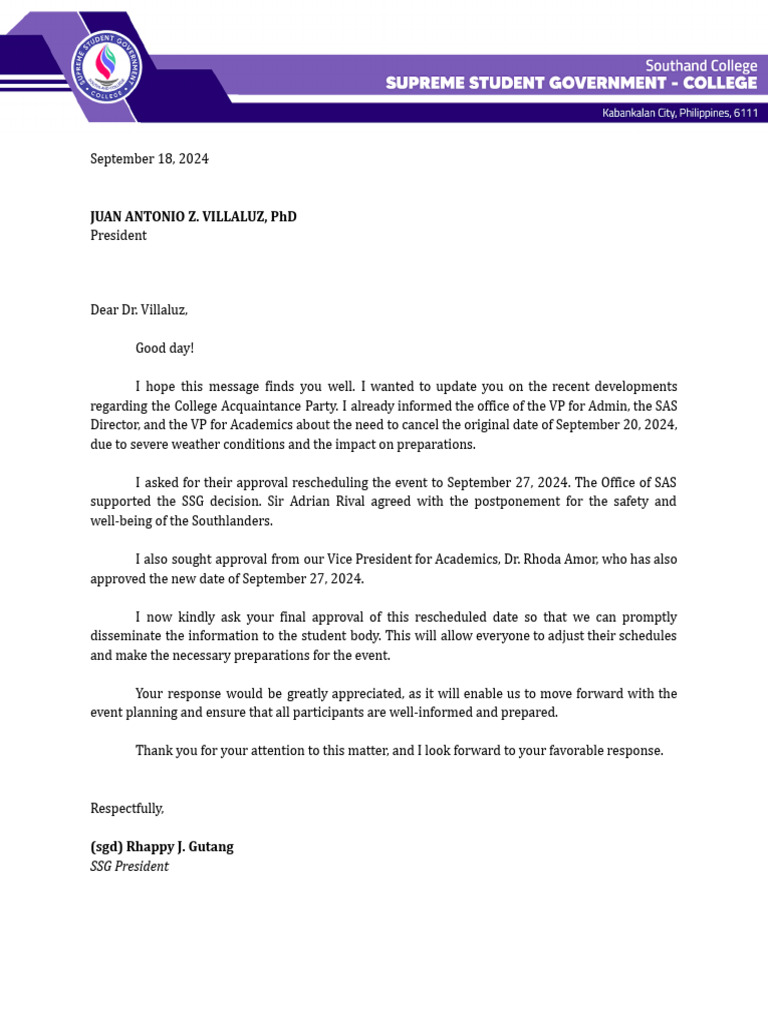 Request For Final Approval of Rescheduled Acquaintance Party | PDF