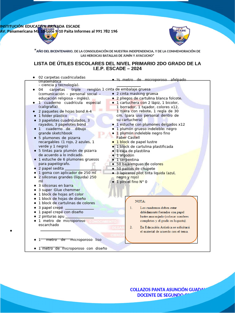 Lista de Útiles Del Segundo Grado | PDF