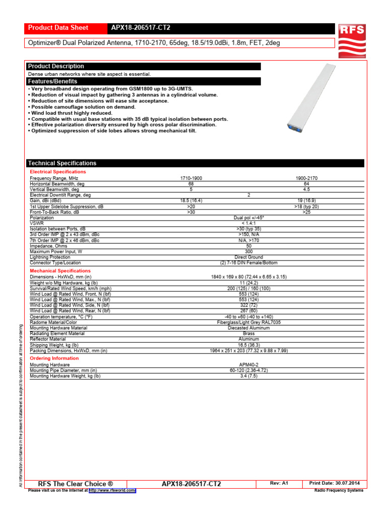RFS Product Data Sheet Panel - Antennas APX18 206517 CT2 | PDF