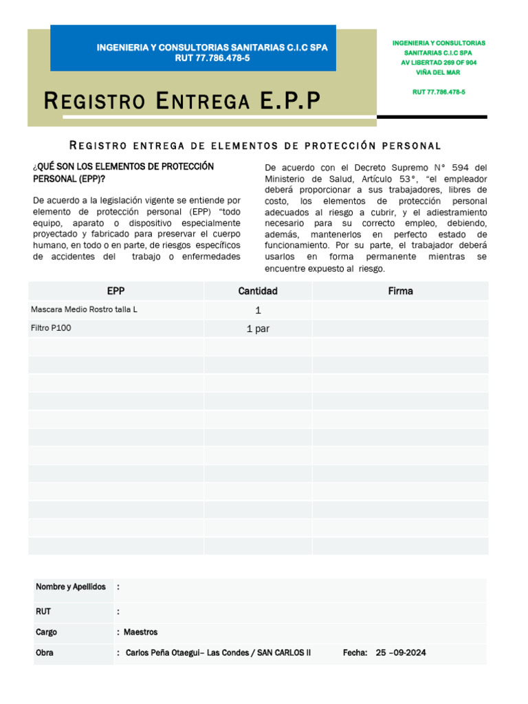 Registro de Entrega de EPP Las Condes - P100 | PDF