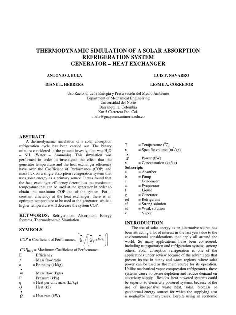Solar Absorption Refrigeration Simulation | PDF | Refrigeration | Heat ...