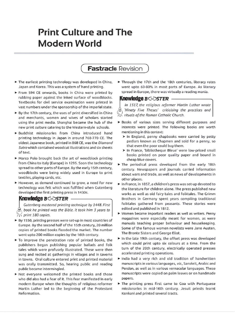 Print Culture Class 10 Worksheet Pdf