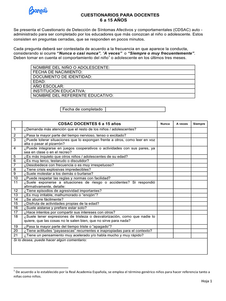 BANEDI Cuestionarios - Docentes - 6 - 15 | PDF