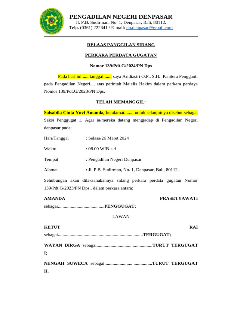 Relaas Panggilan Sidang Saksi Penggugat | PDF