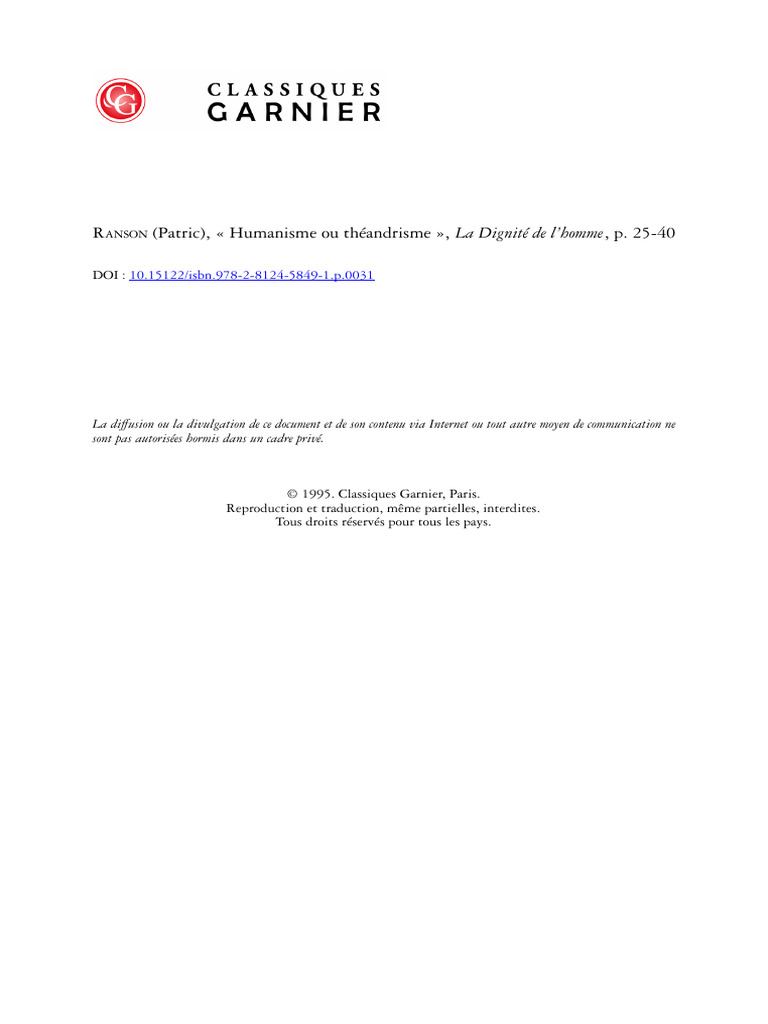 Patric Ranson - La Dignité de L'homme Humanisme Ou Theandrisme | PDF