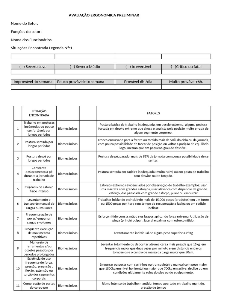 Tabela de Riscos Ergonomicos | PDF