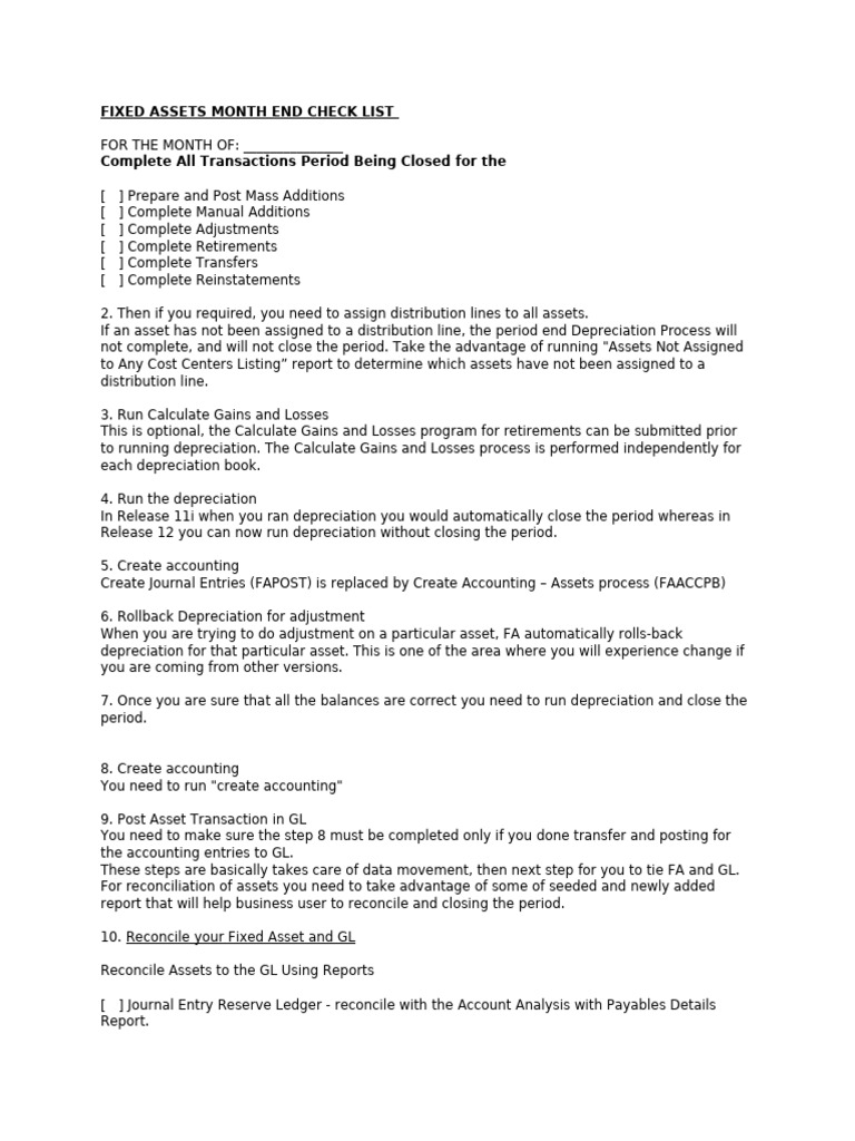 Period End - & - Fixed Assets - Check List | PDF | Depreciation ...