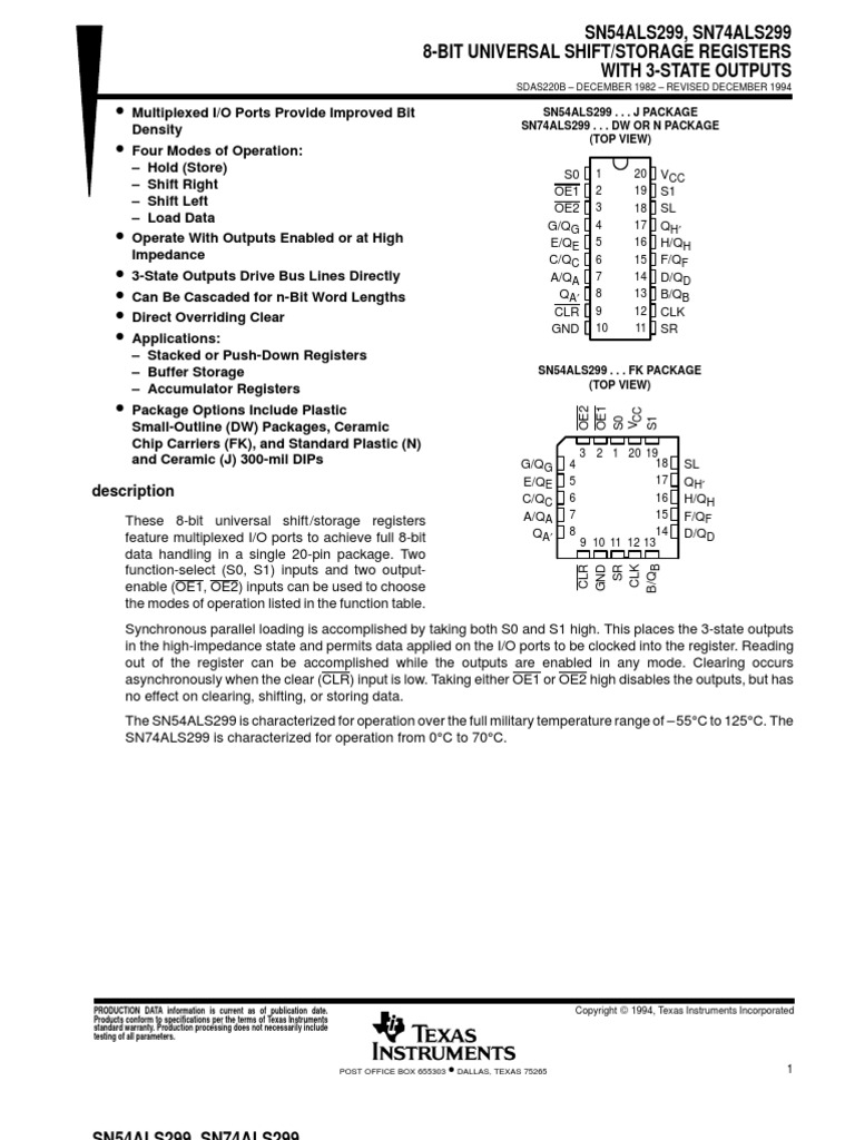 SN54ALS299, SN74ALS299 8-Bit Universal Shift/Storage Registers With 3 ...