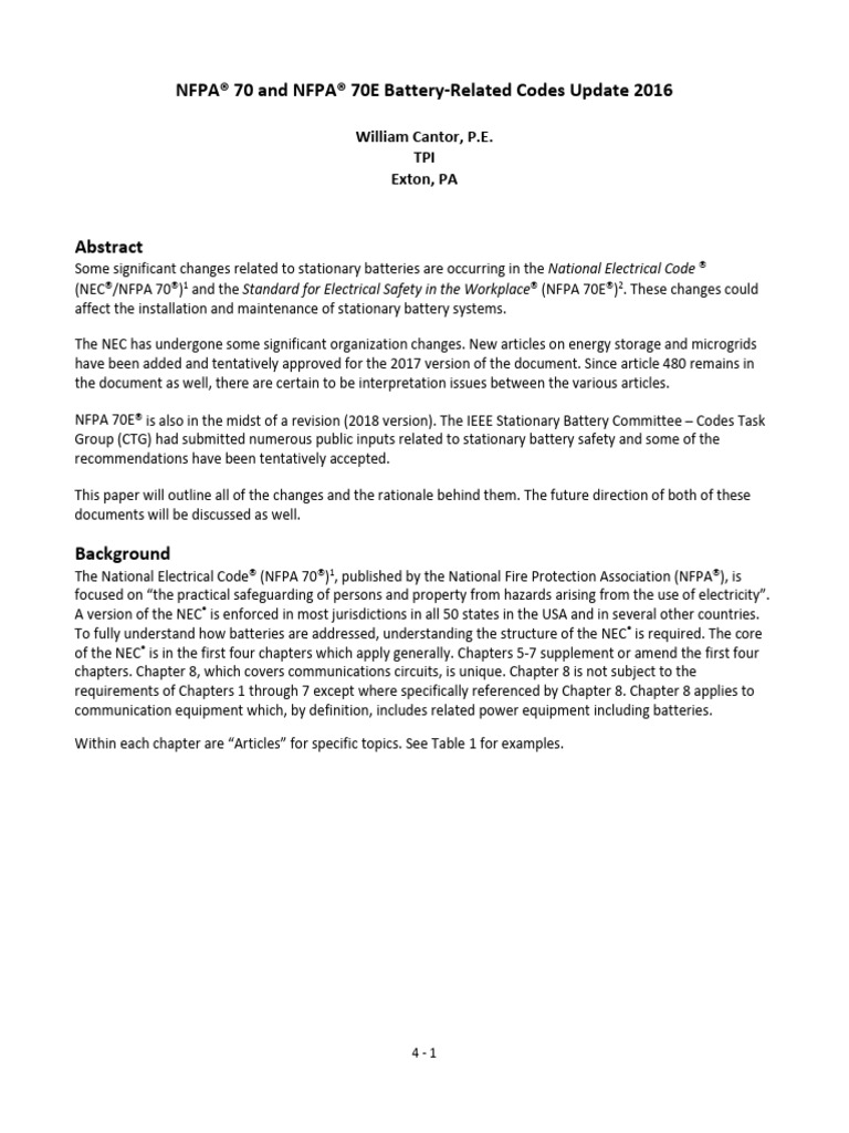 Nfpa 70 and Nfpa 70e Battery Related Codes Update 2016 | PDF