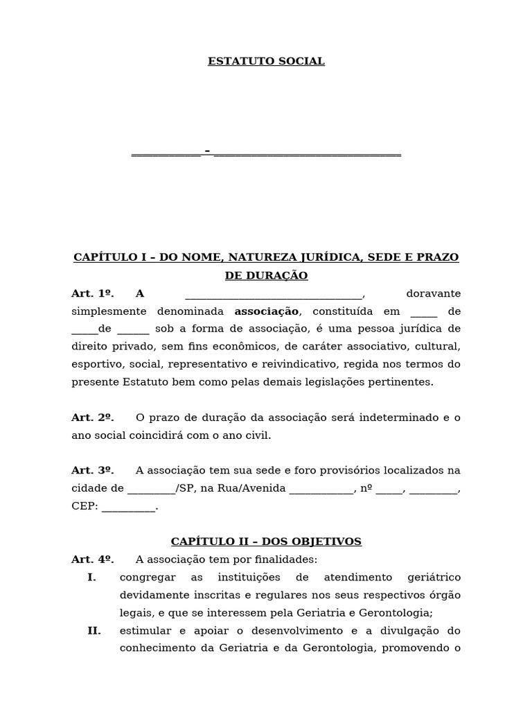 Modelo de Estatuto Social Associação - ILPI | PDF