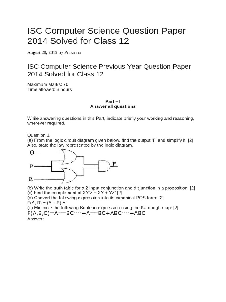 ISC Computer Science Question Paper 2014 Solved For Class 12 | PDF