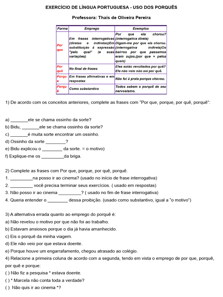 Exercícios sobre o Uso dos Porquês | PDF | Artes Linguísticas e Disciplina