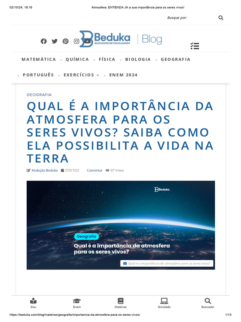 Atmosfera - ENTENDA JÁ A Sua Importância para Os Seres Vivos! | PDF