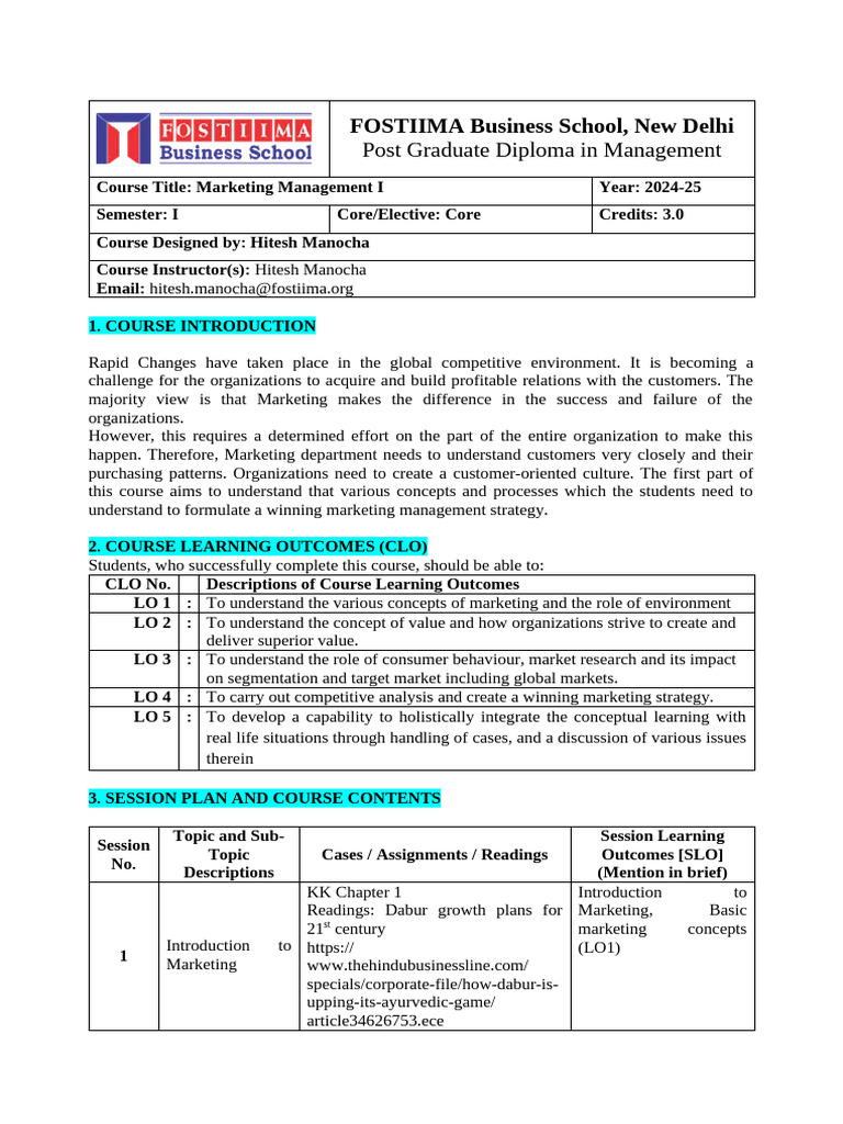 Course Outline - Marketing Management 1 | PDF