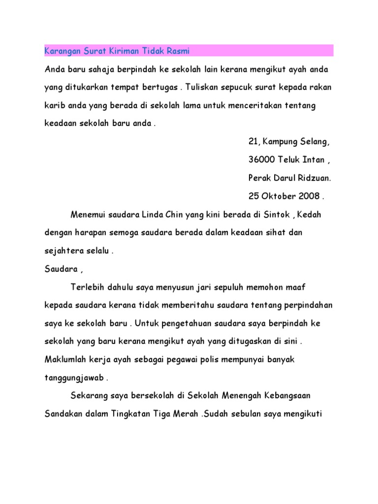 Contoh Karangan Pt3 Bahasa Melayu Surat Kiriman Tidak Rasmi