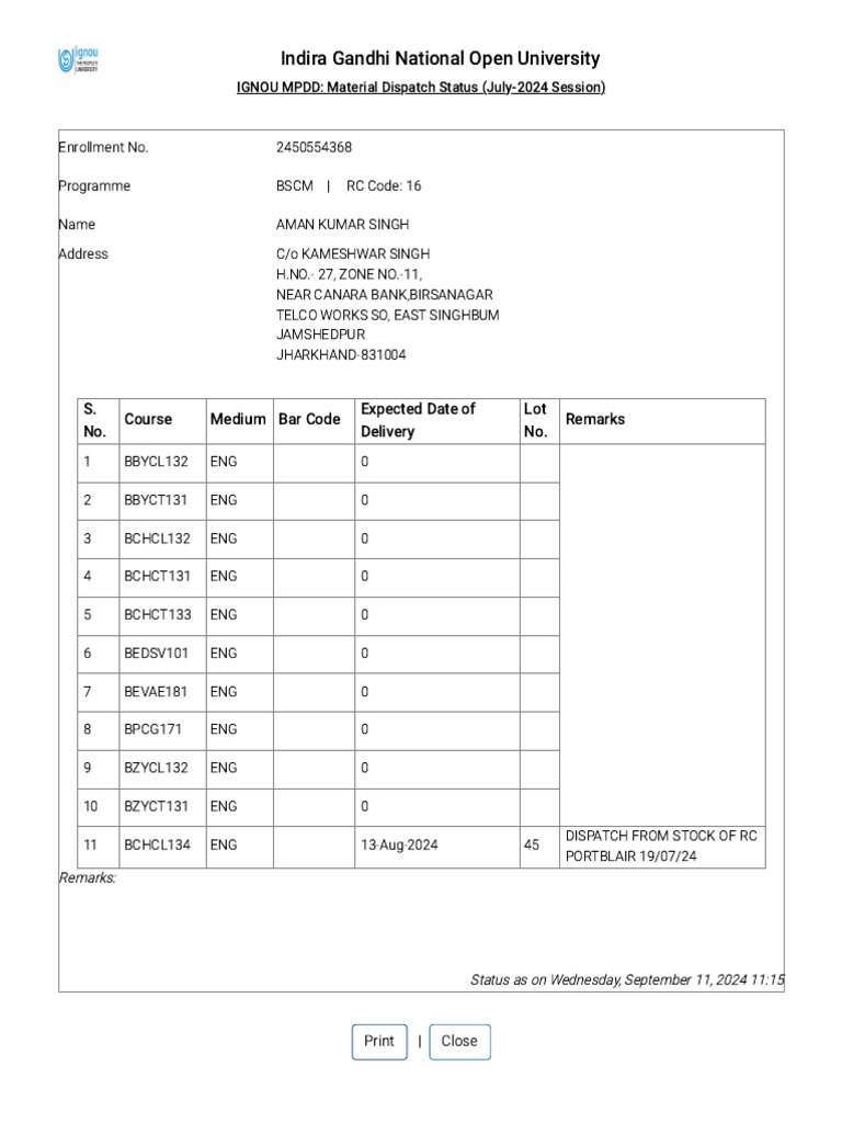 IGNOU - Student Material Status | PDF