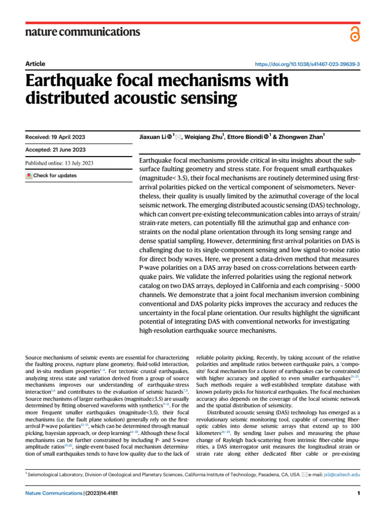 Earthquake Focal Mechanisms With Distributed Acoustic Sensing | PDF