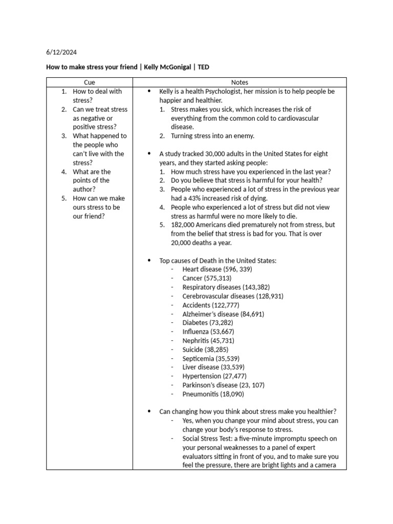Cornell Notes How To Make Stress Your Friend Kelly McGonigal TED | PDF