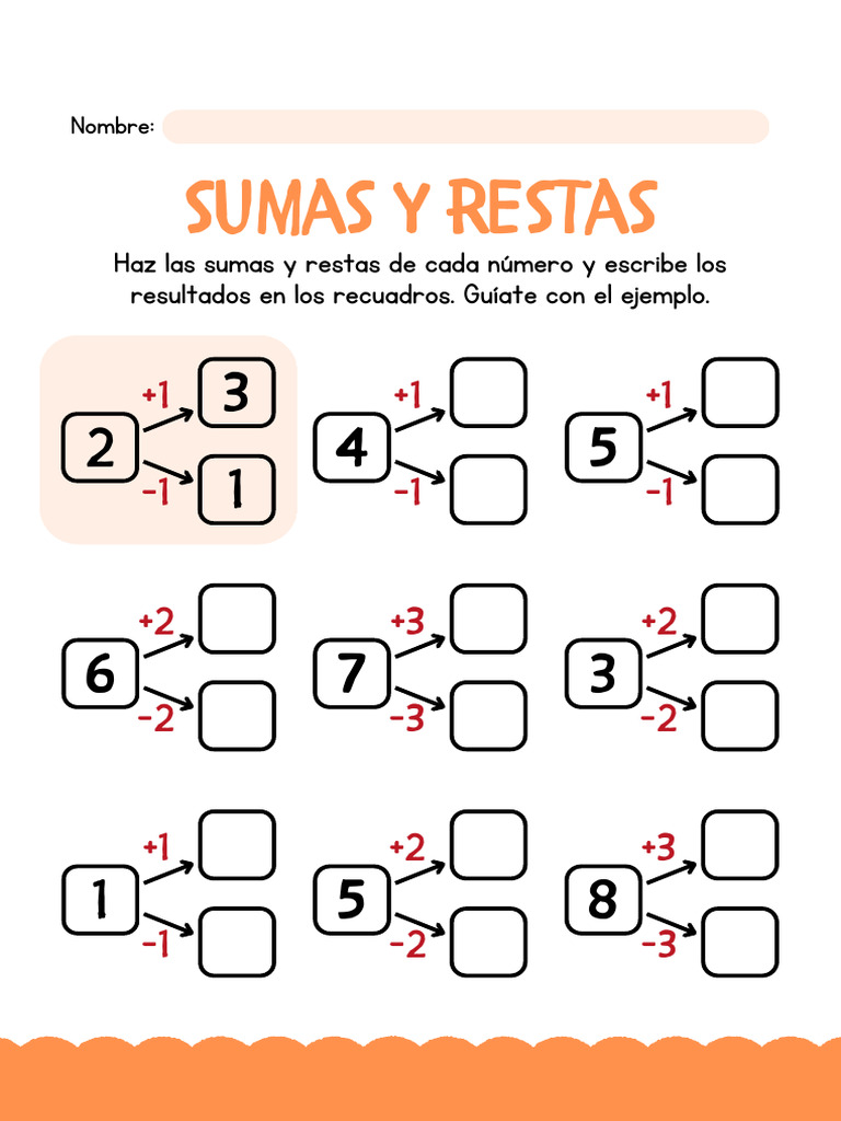 Hoja de Trabajo Sumas y Restas Simple Naranja | PDF