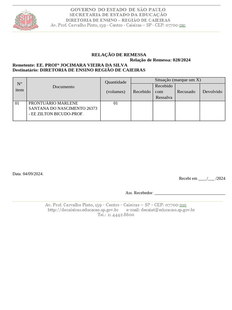 Relacao de Remessa 2024 | PDF
