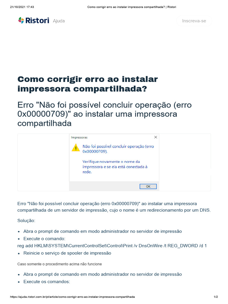 Como Corrigir Erro Ao Instalar Impressora Compartilhada - Ristori | PDF