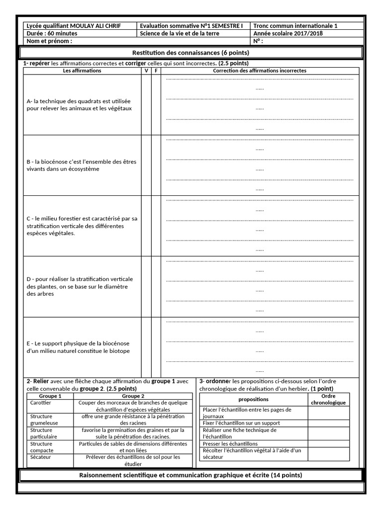 Devoir-N1-Semestre-1-SVT-Tronc-commun-sciences-Word-Modele_16 | PDF