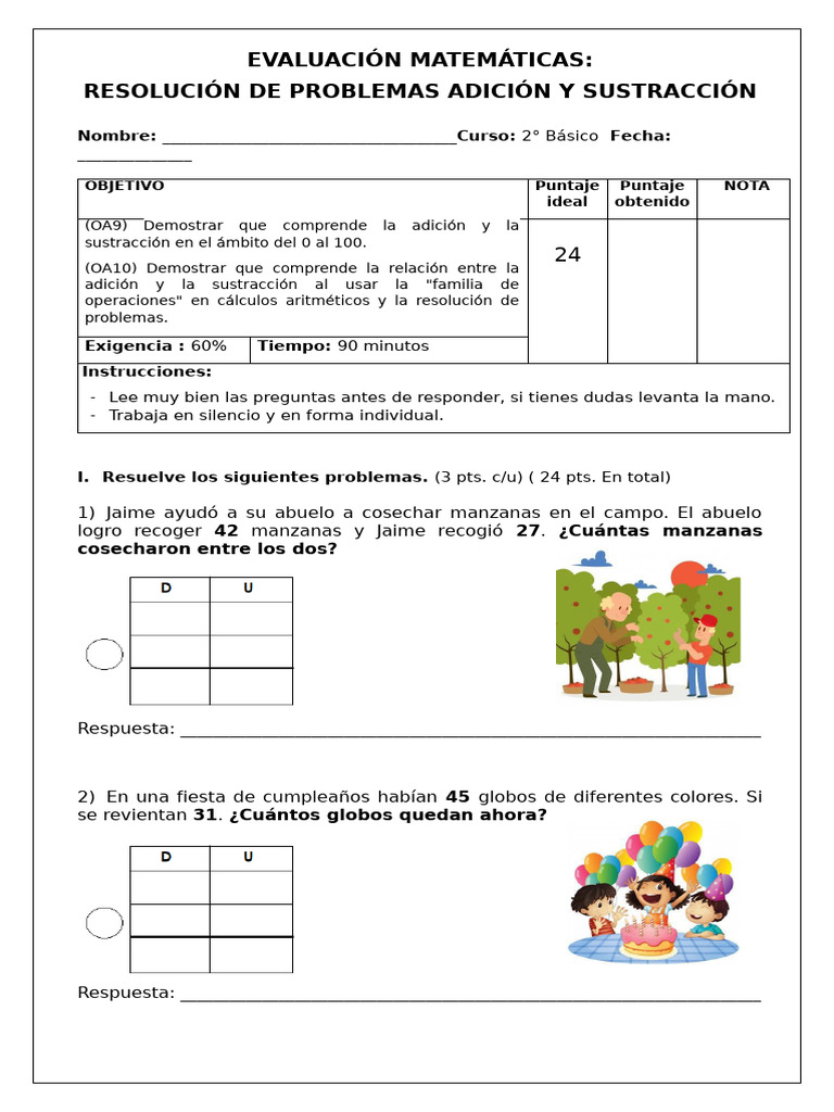 2° Prueba - Resolución de Problemas Sumas y Restas | PDF