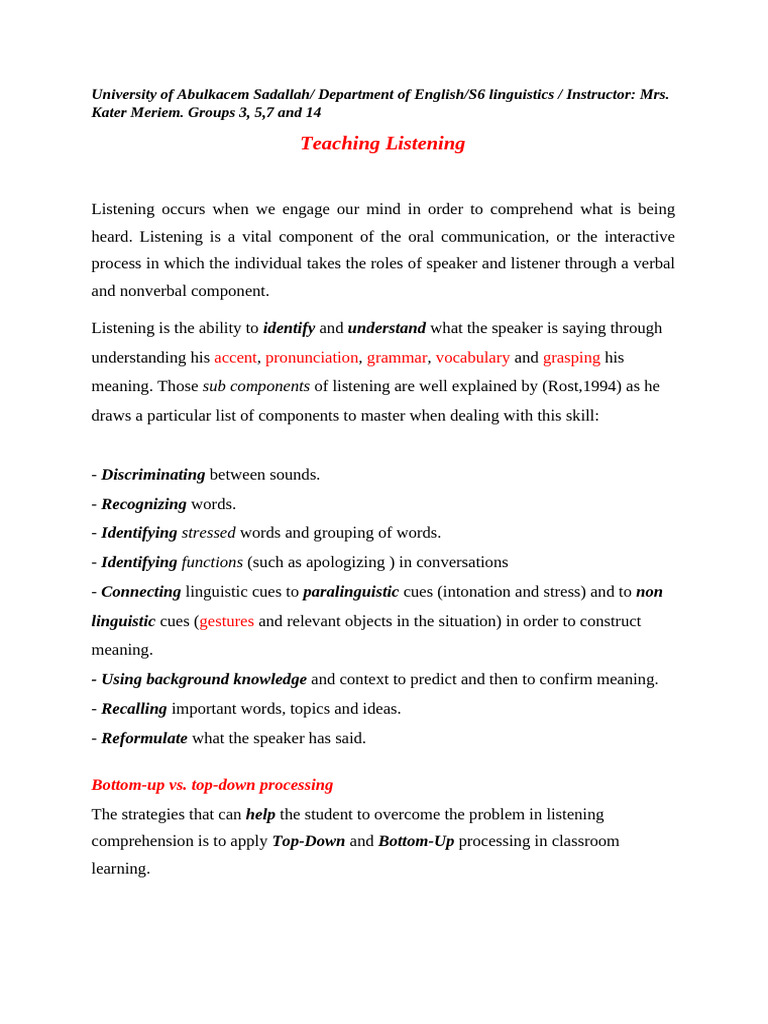 Teaching Skills Teaching Listening | PDF