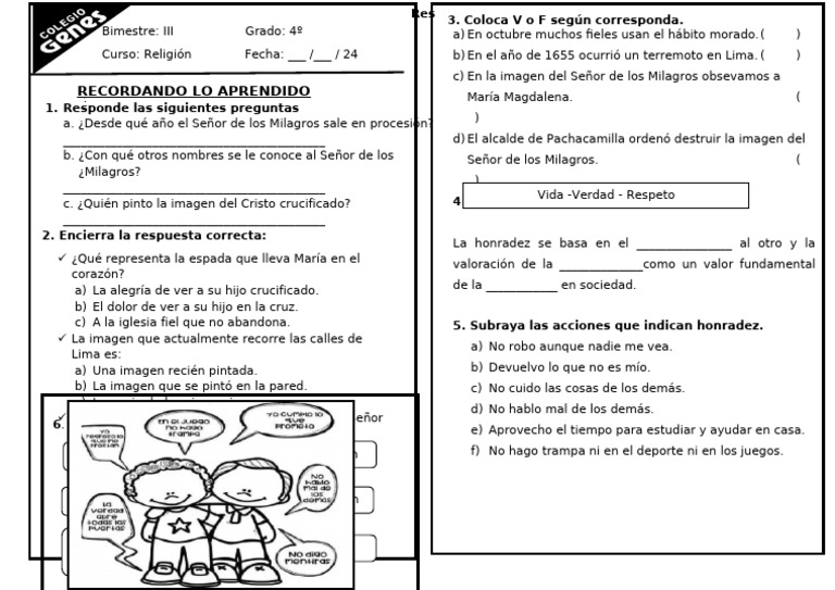 FICHA DE REPASO 4° GRADO Religión | PDF
