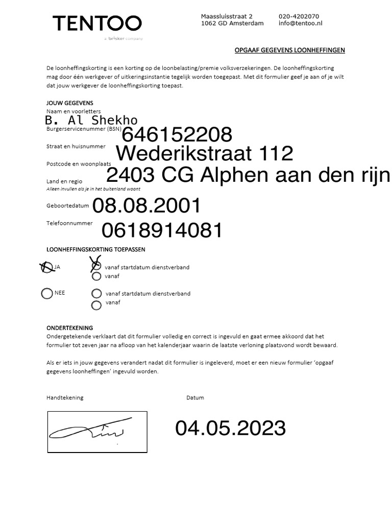 Ingevuld Verklaring Loonheffing | PDF
