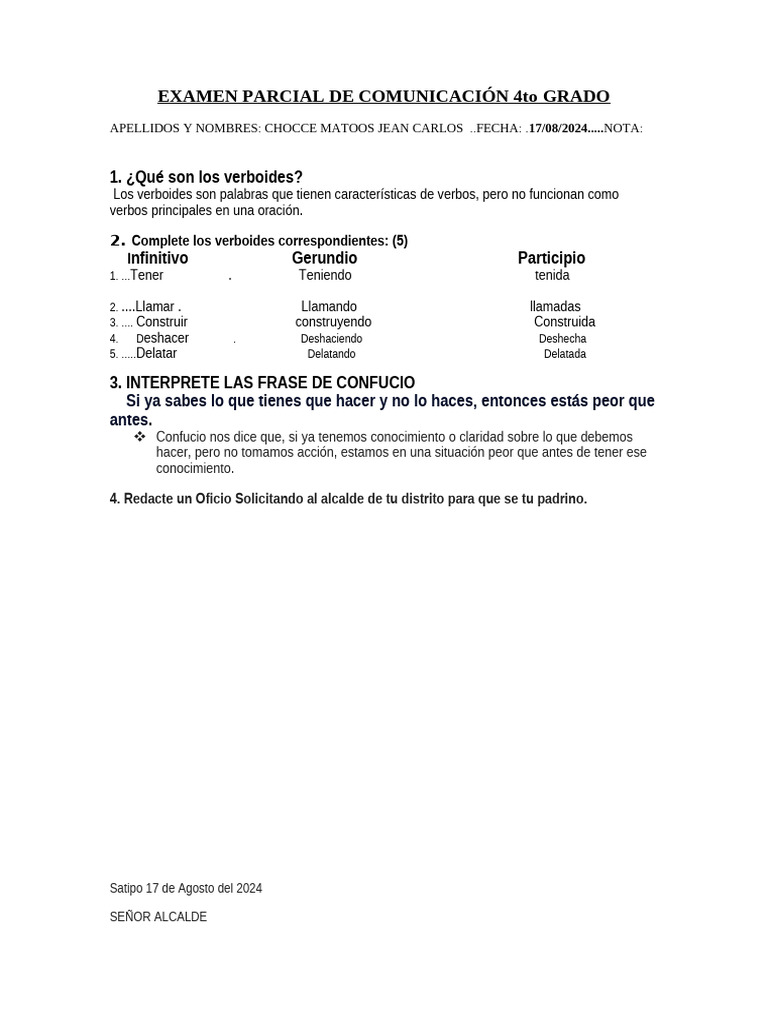 Examen Parcial de Comunicación 4to Grado | PDF