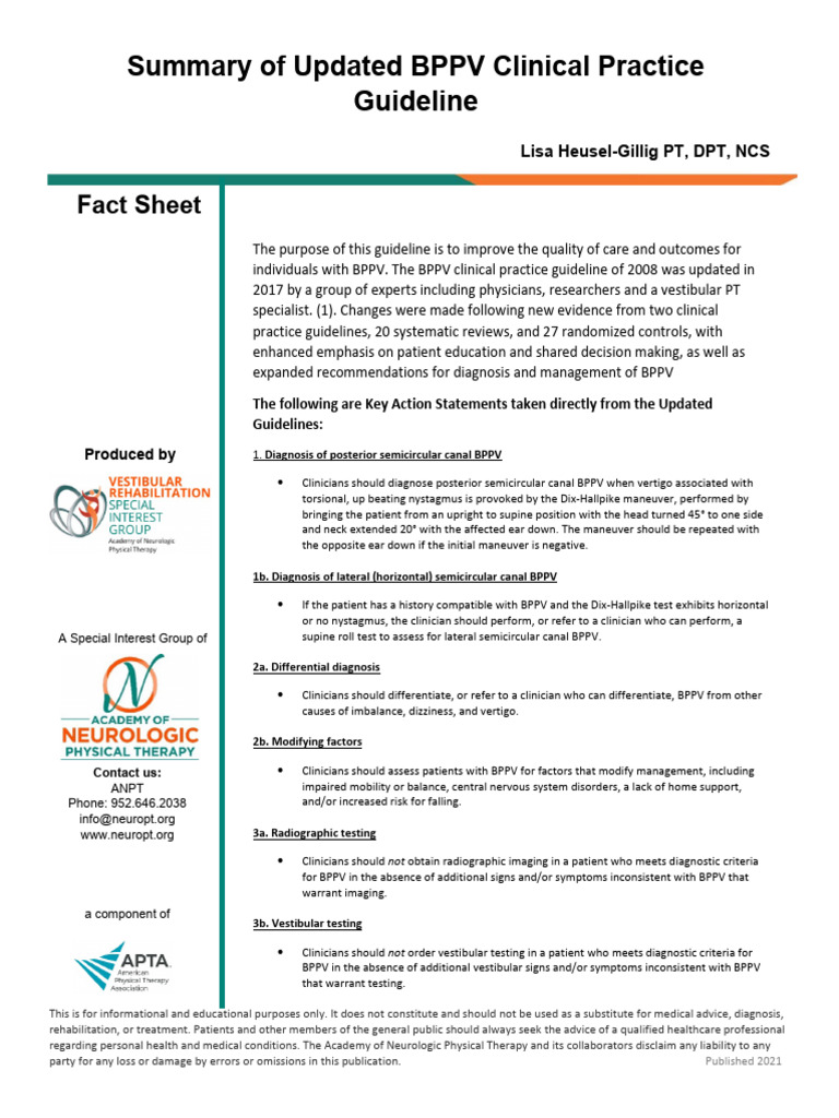 Summary of Updated BPPV Clinical Practice Guideline | PDF